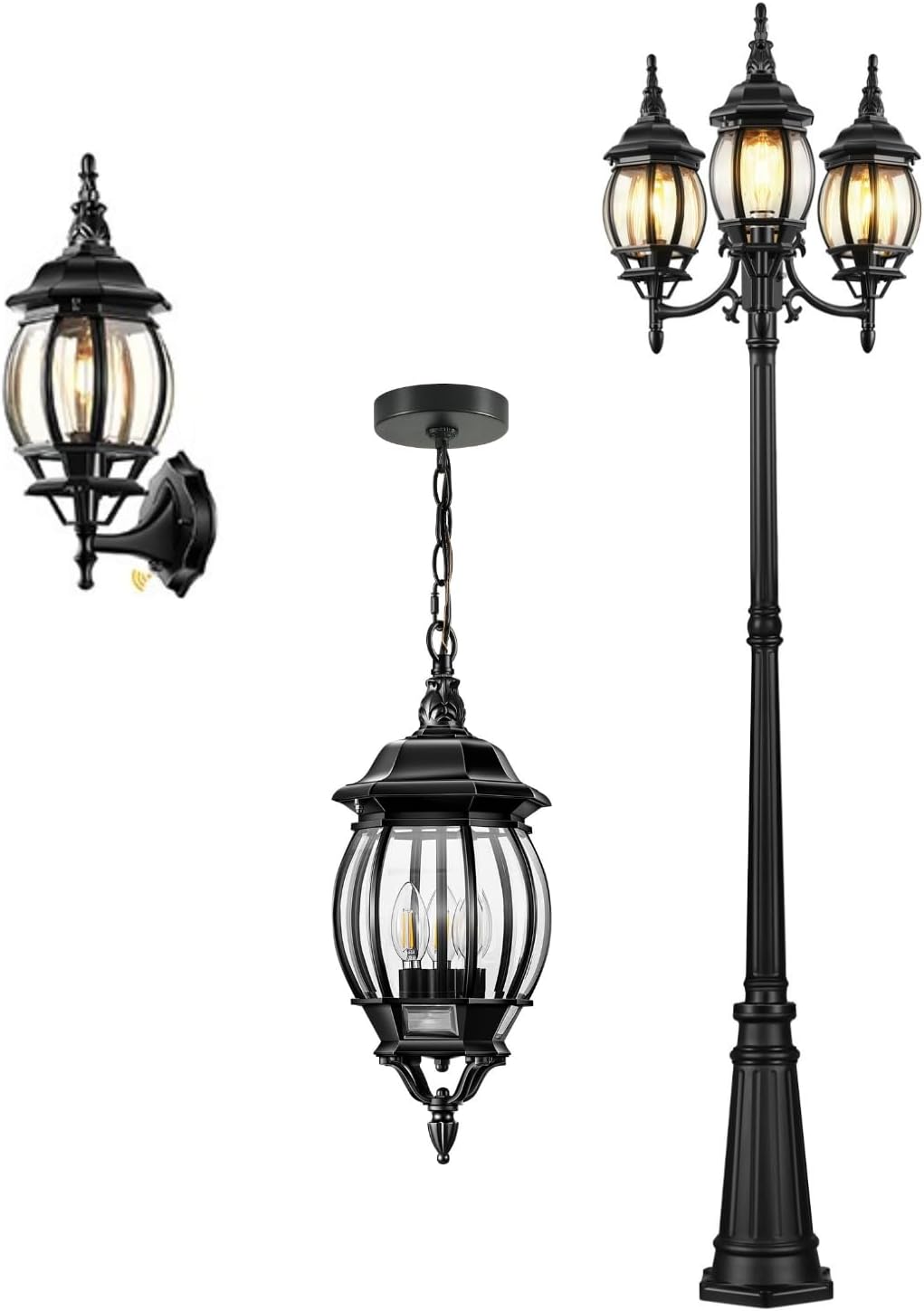 VIANIS Outdoor Wall Lights, Dusk to Dawn Black Exterior Lighting Fixtures, 3-Light Large Pendant Lights, Adjustable Hanging Lanterns, 3-Head Outdoor Post Light with Outlet, Modern Pole Street Lights