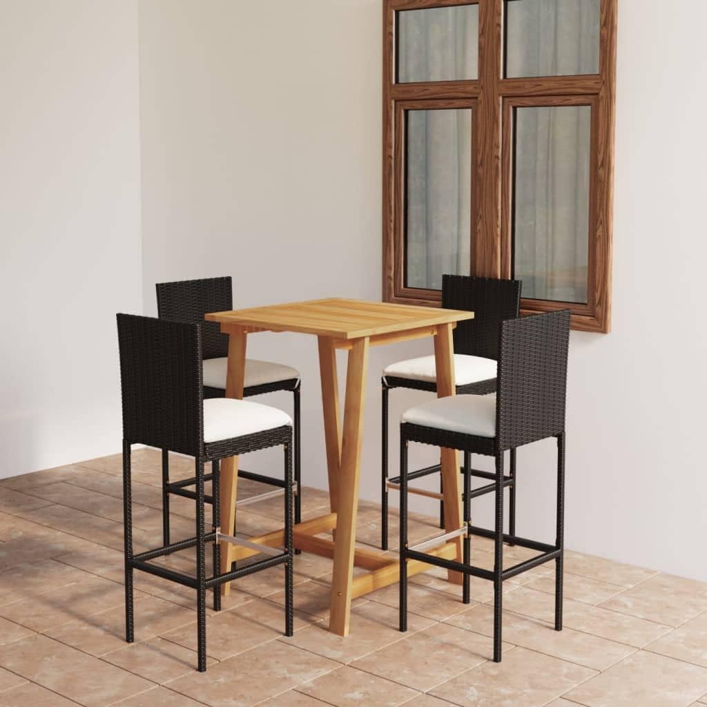 Furniture Sets 5 Piece Patio Bar Set with Cushions Black,AllWeather Garden Bar Set with Acacia Wood Table and Rattan Bar Stools Garden Conversation Sets