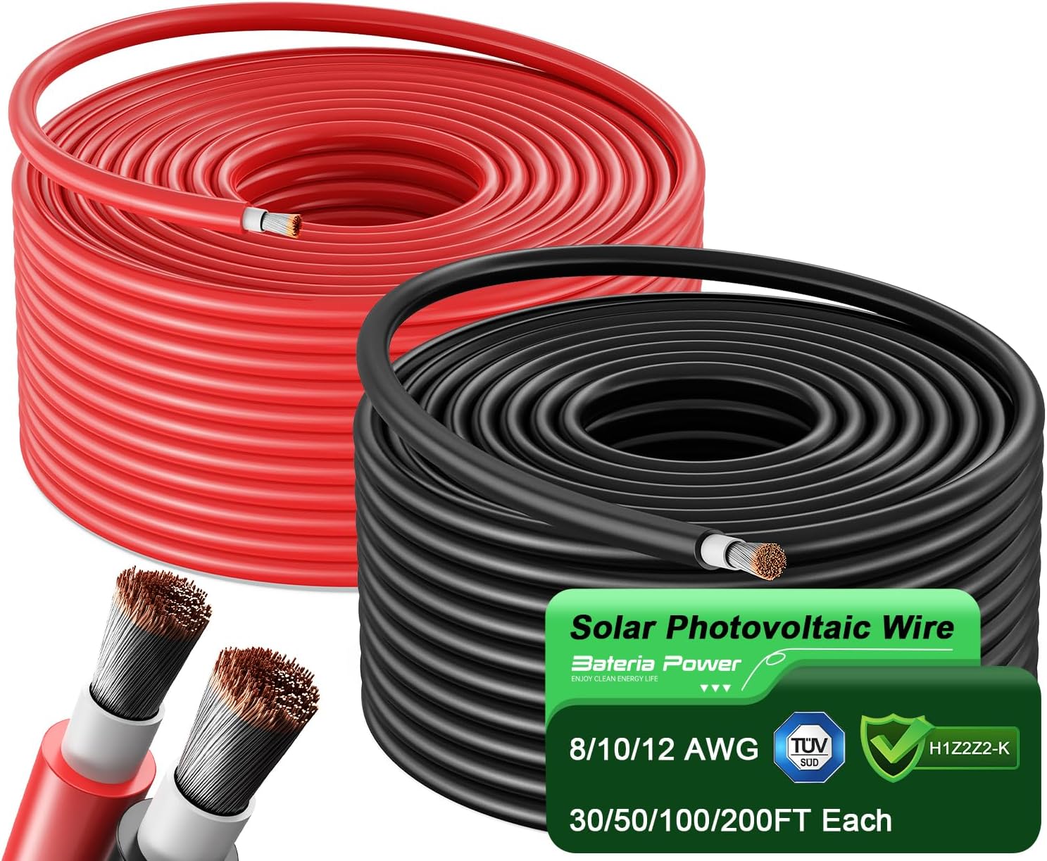 Bateria Power 2x50 Feet Solar Panel Wire, 12AWG (4mm²) Tinned Copper Solar Panel Extension Cable PV Wiring for Photovoltaic Solar System, Automotive RVs, Marine (50FT Red + 50FT Black)
