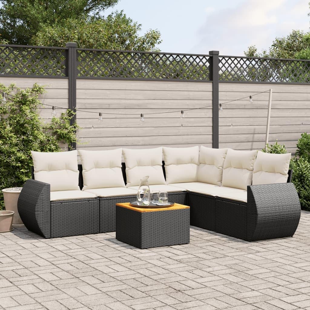 Large Modular Garden Sofa Set, Black PE Rattan Outdoor Furniture, 7-Piece Patio Seating with Water-Resistant Cushions, Powder-Coated Steel Frame for 6 People