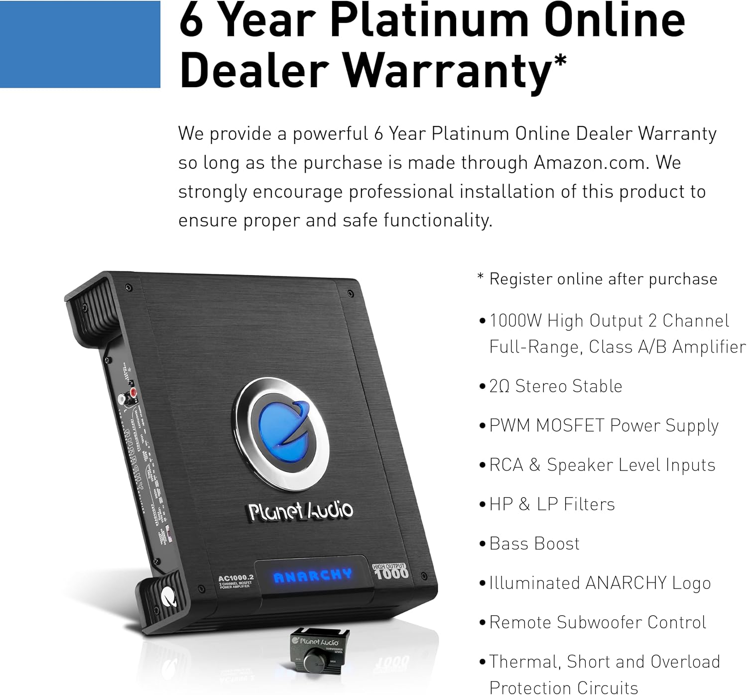 Planet Audio AC1000.2 2 Channel Car Amplifier - 1000 Watts, Full Range, Class A/B, 2-4 Ohm Stable, Mosfet Power Supply, Bridgeable