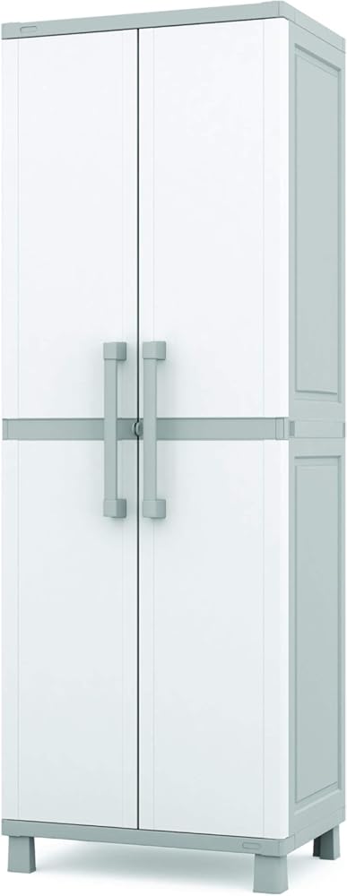 Keter Storage Cabinet with Doors and Shelves for Laundry Room, Garage, Bathroom Accessories, Closet and Home Organization, White & Grey