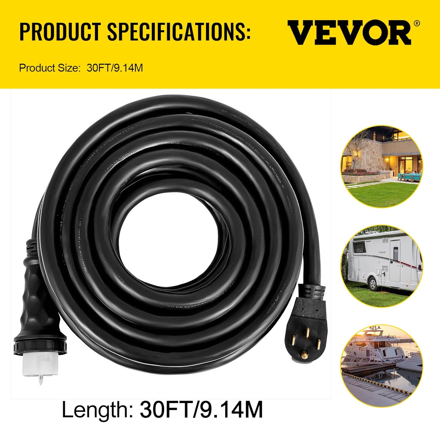 VEVOR 30 FT 50 Amp Generator Extension Cord NEMA 14-50P & SS2-50R & CS6364, STW 45446 + 45505 125V 250V Generator Power Cord Twist Lock Connectors