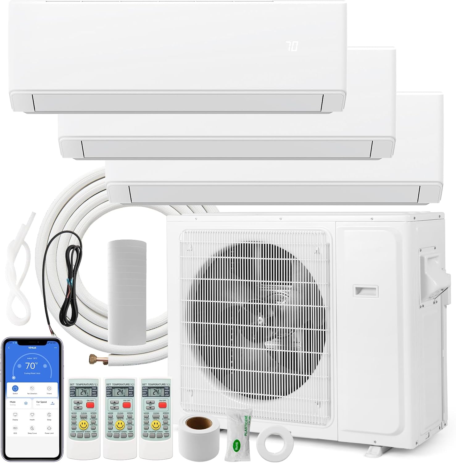 ARLIME Mini Split AC, 3 Zone 30000 BTU Wifi Enabled Air Conditioner & Heater, 23 SEER2, Energy Star, R32 Refrigerant, Inverter Wall AC Unit with Installation Kit, 208-230V (Tri Zone 7K+12K+12K)
