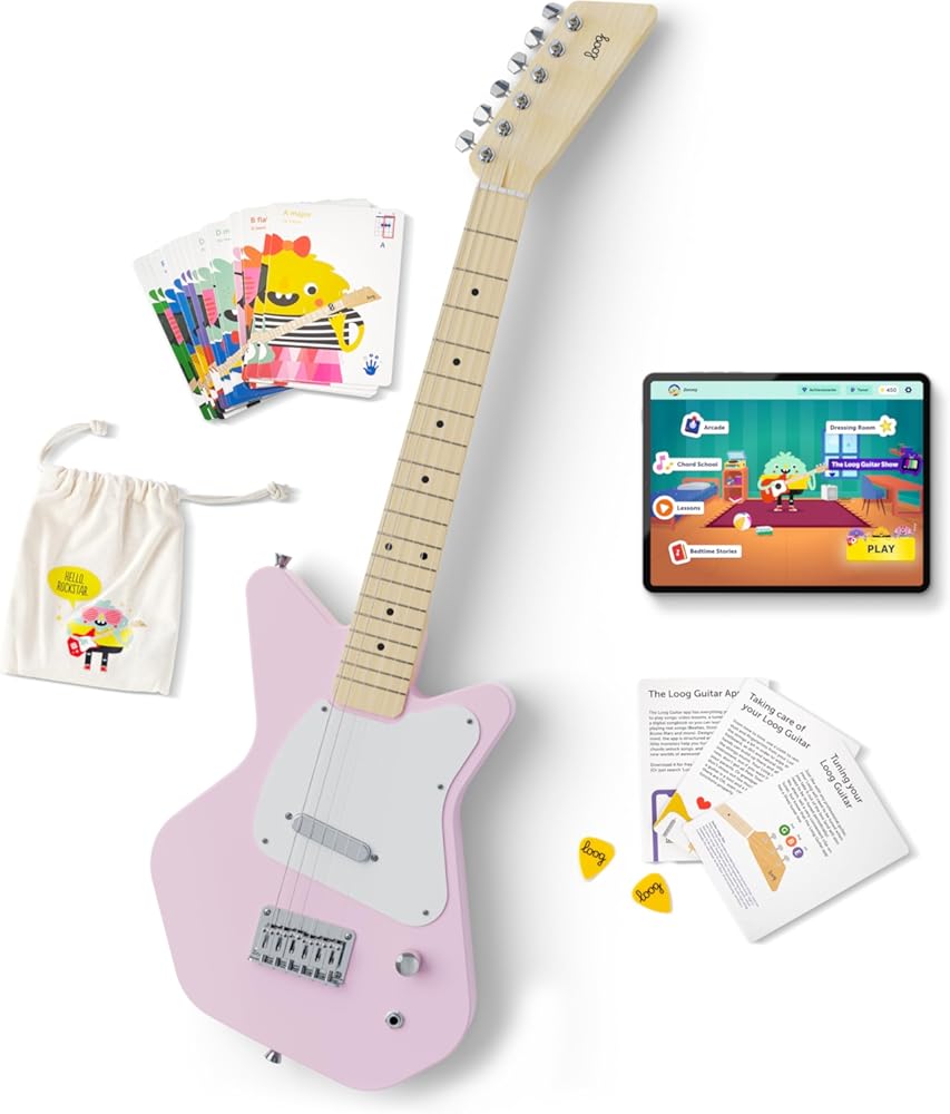 Loog Pro VI Electric kids real guitar for Beginners Ages 9+ Learning app & lessons included (Pink)