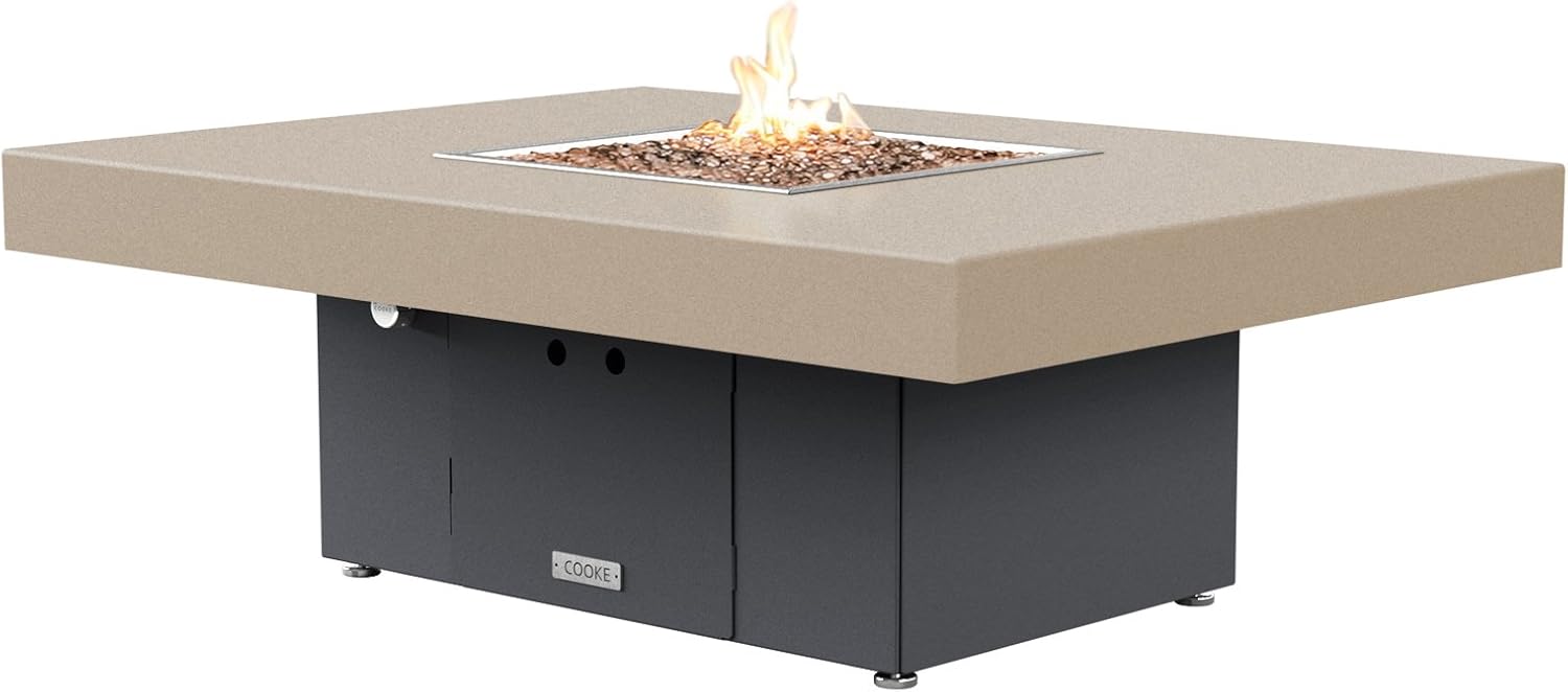 COOKE Santa Barbara 48 x 36 Rectangular Fire Pit Table - Beige Powdercoat Aluminum Top - Natural Gas (Grey Powdercoat Base)