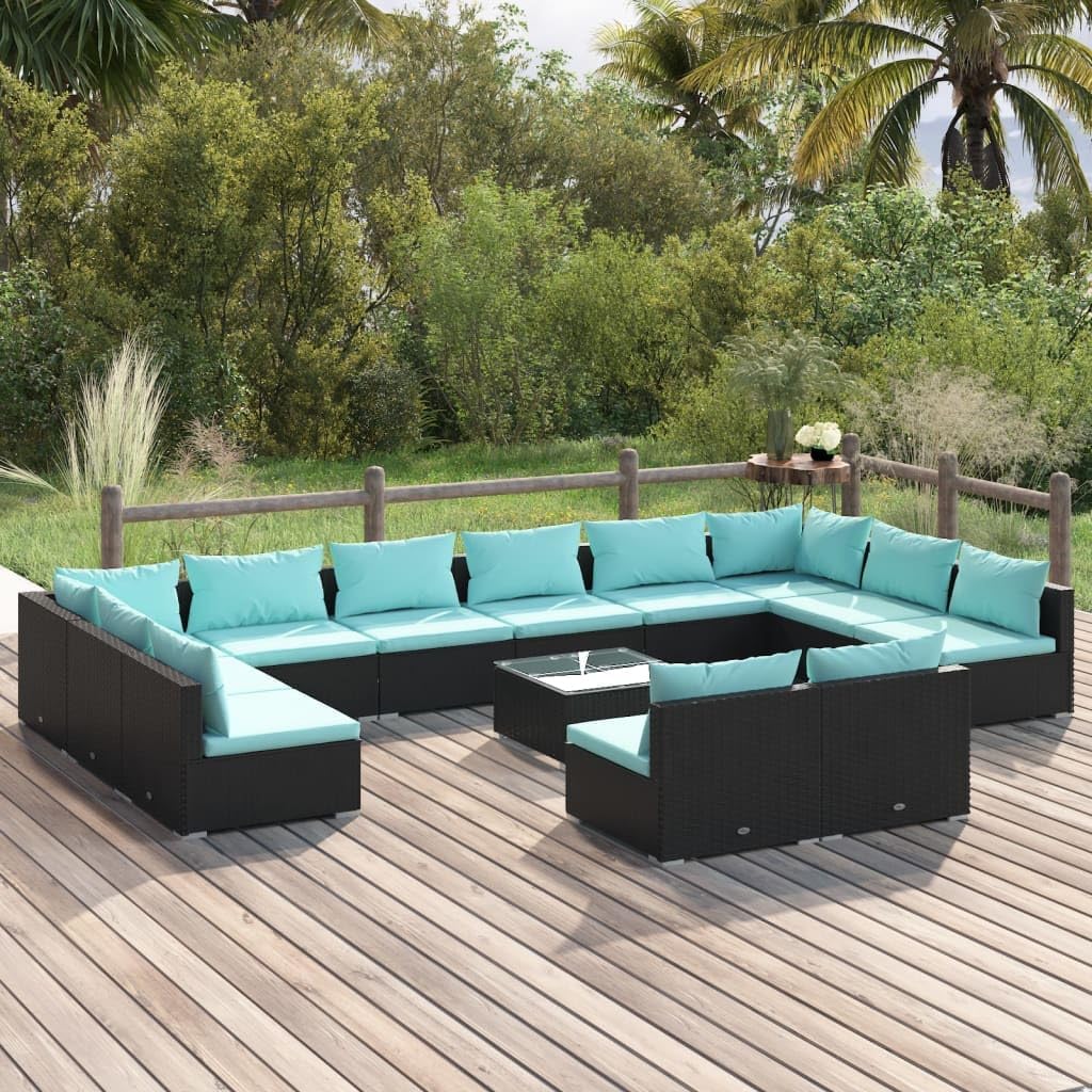 13 Piece Patio Lounge Set with Cushions Black Poly Rattan,Premium Patio Lounge Set: Durable PE Rattan, Comfortable Cushions, Modular Design Patio Furniture, Outdoor Furniture Sets