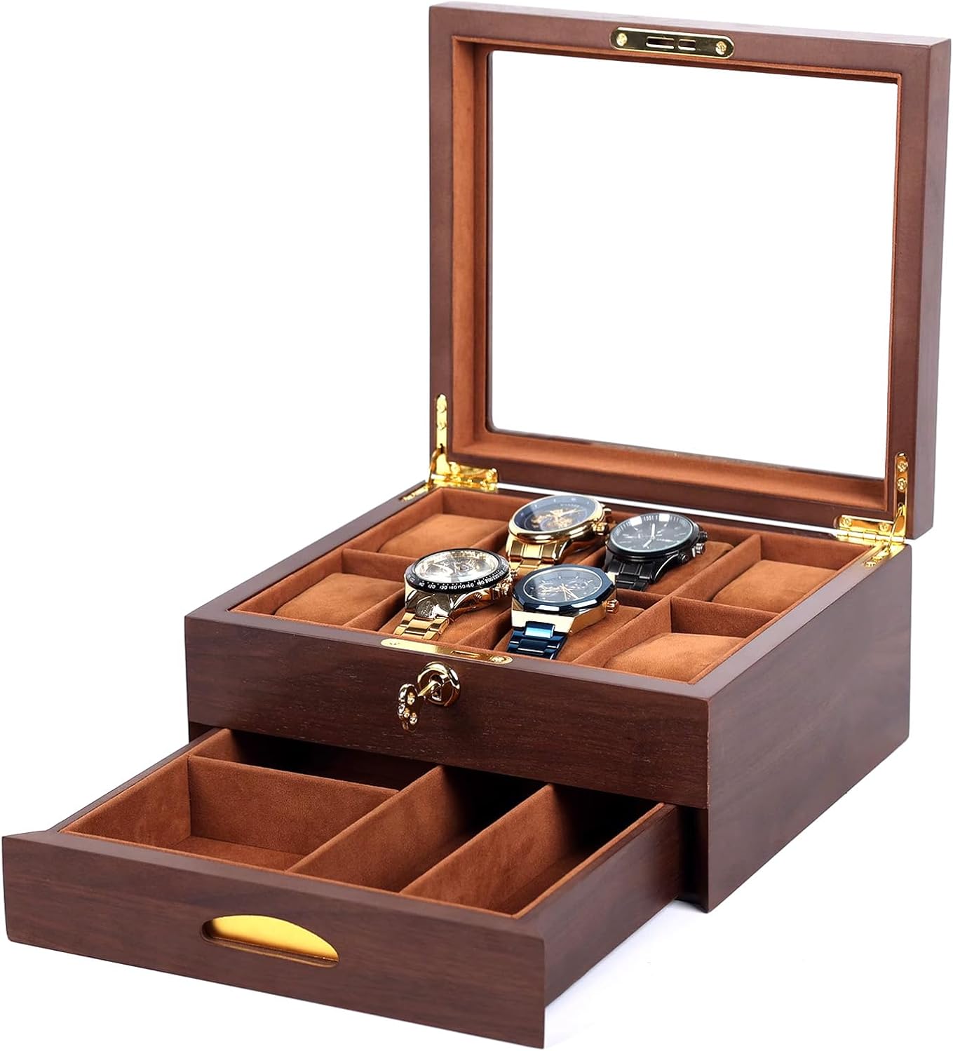 Double-Layer Wooden Jewelry Box with Glass Cover, Drawer-Style Jewelry Storage Box for Watches, Rings, Bracelets and Other Accessories, Gifts for Loved Ones,Brown,Black Walnut Color