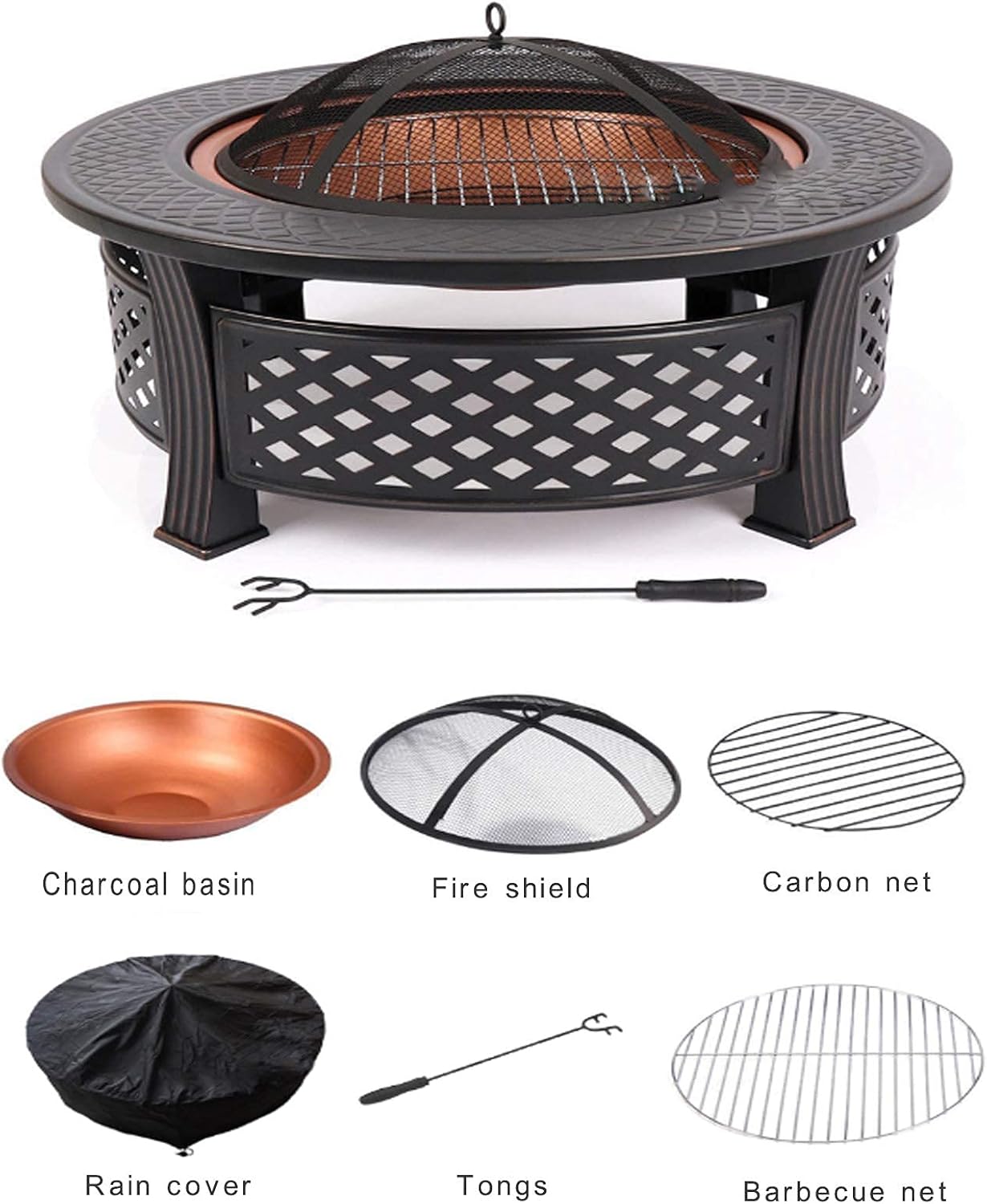 Outdoor Fire Pit with BBQ Grill Shelf, Metal Brazier Firepit Garden Patio Heater/BBQ/Ice Pit,Fire Bowl for Garden and Patio, Outdoor Garden Fire Pit with Waterproof Cover