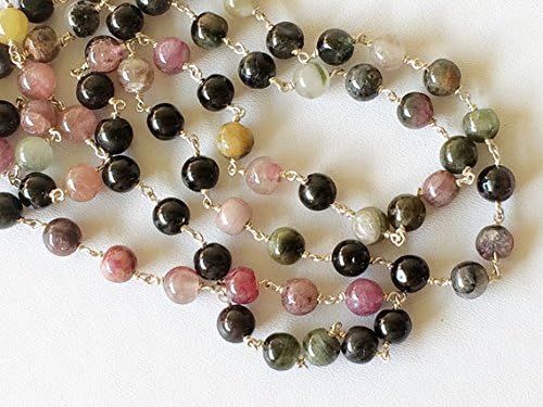 LKBEADS 5 FEET Multi Tourmaline Plain Round Balls Beads in 925 Silver Wire Wrapped Rosary Style Chain