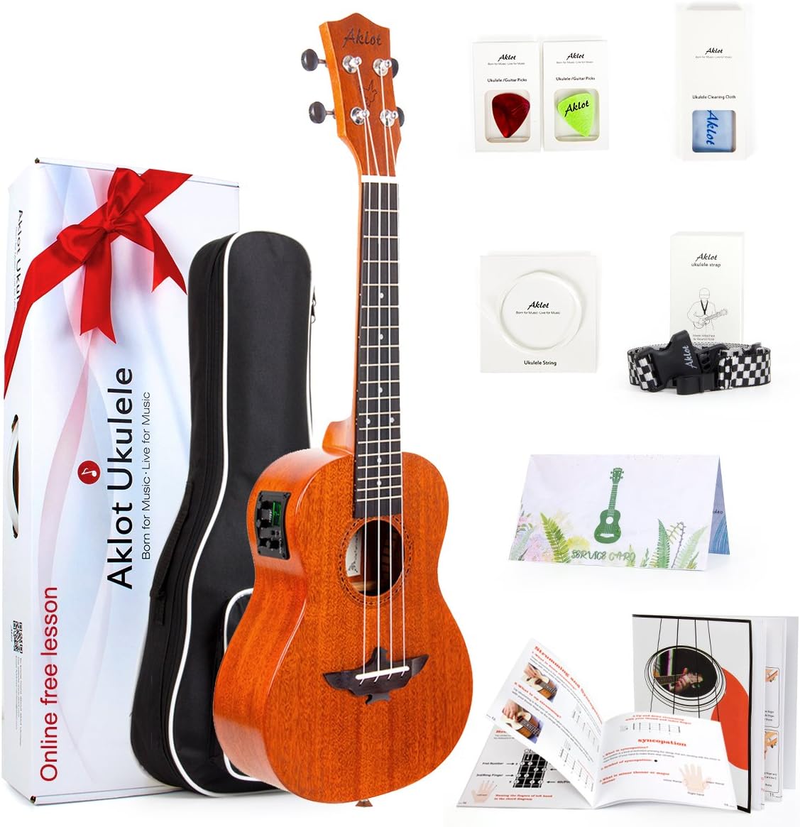 Electric Ukulele, AKLOT Tenor Electric Ukelele 26 Inch Uke with Equalizer Solid Mahogany for Professional Player with Beginner Kit (Gig Bag, Picks, Strap, String, Cleaning Cloth, Starter Manual)
