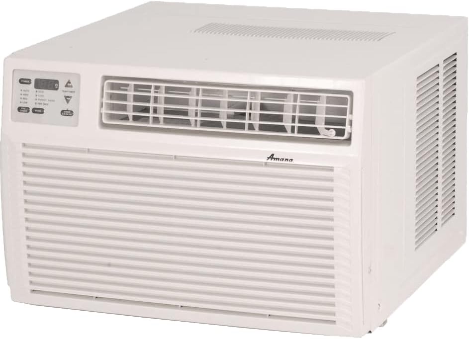 Amana AE123G35AX Window Air Conditioner with 11600 BTU Cool 10700 BTU Electric Heat Electronic Controls with LED Display Hand Held IR Remote Control Wall Sleeve and Window Mount