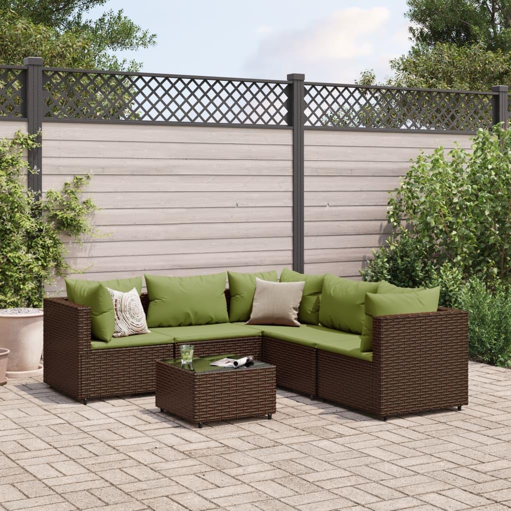 6 Piece Patio Lounge Set with Cushions Brown Poly Rattan,Modern Rattan Garden Lounge Set with Tempered Glass Table for Patio and Outdoor Relaxation Furniture Sets for Patio, Lawn & Garden