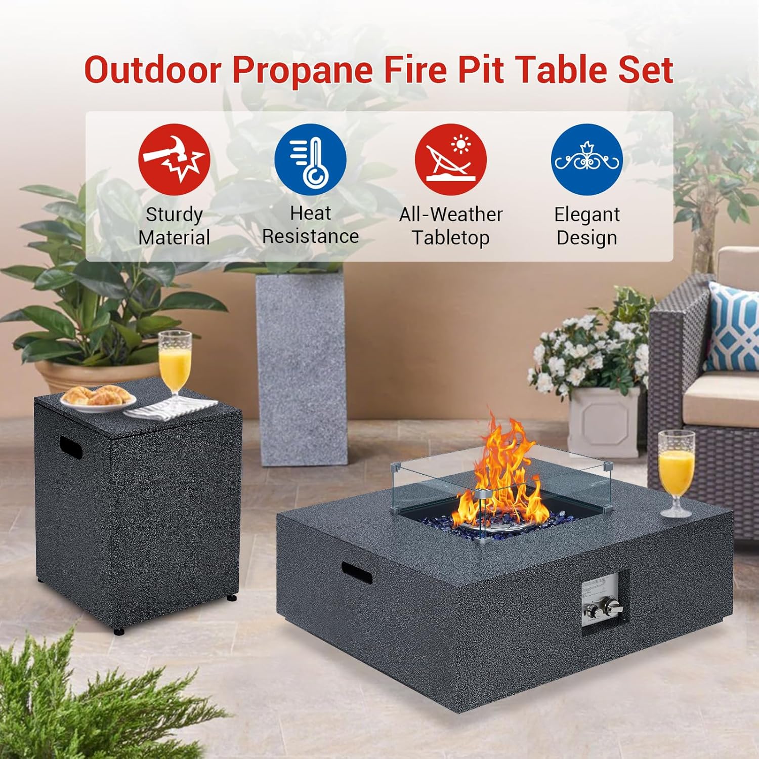 50000 BTU Propane Fire Pit Table, 36 in Outdoor Gas Fire Pit Table with 16 in Propane Tank Cover, Wind Guard, Glass Rocks & Rain Cover for Garden Backyard Deck Patio