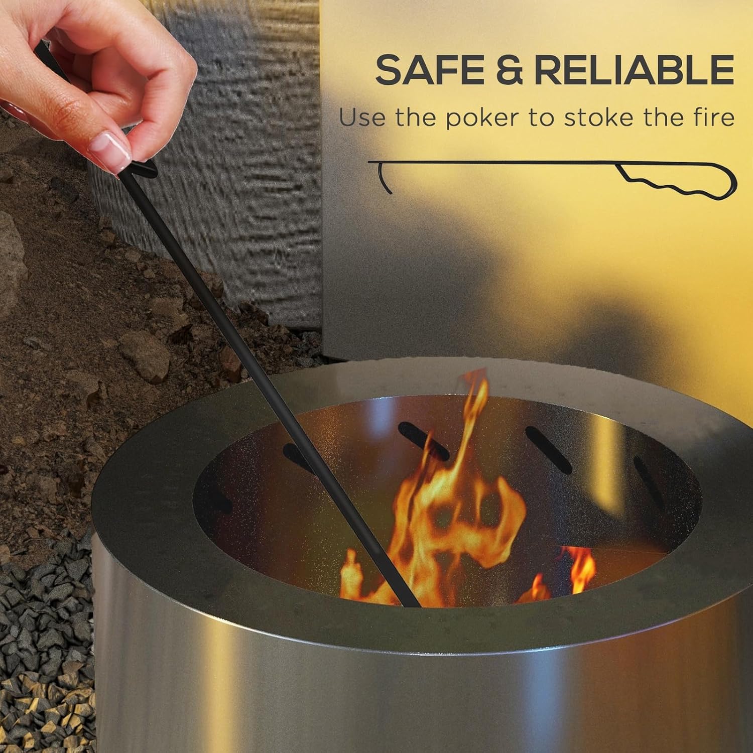 Penau Smokeless Fire Pit, 19 Inch Portable Wood Stove with Poker, Low Smoke Camping Bonfire for Patio, Stainless Steel, Silver