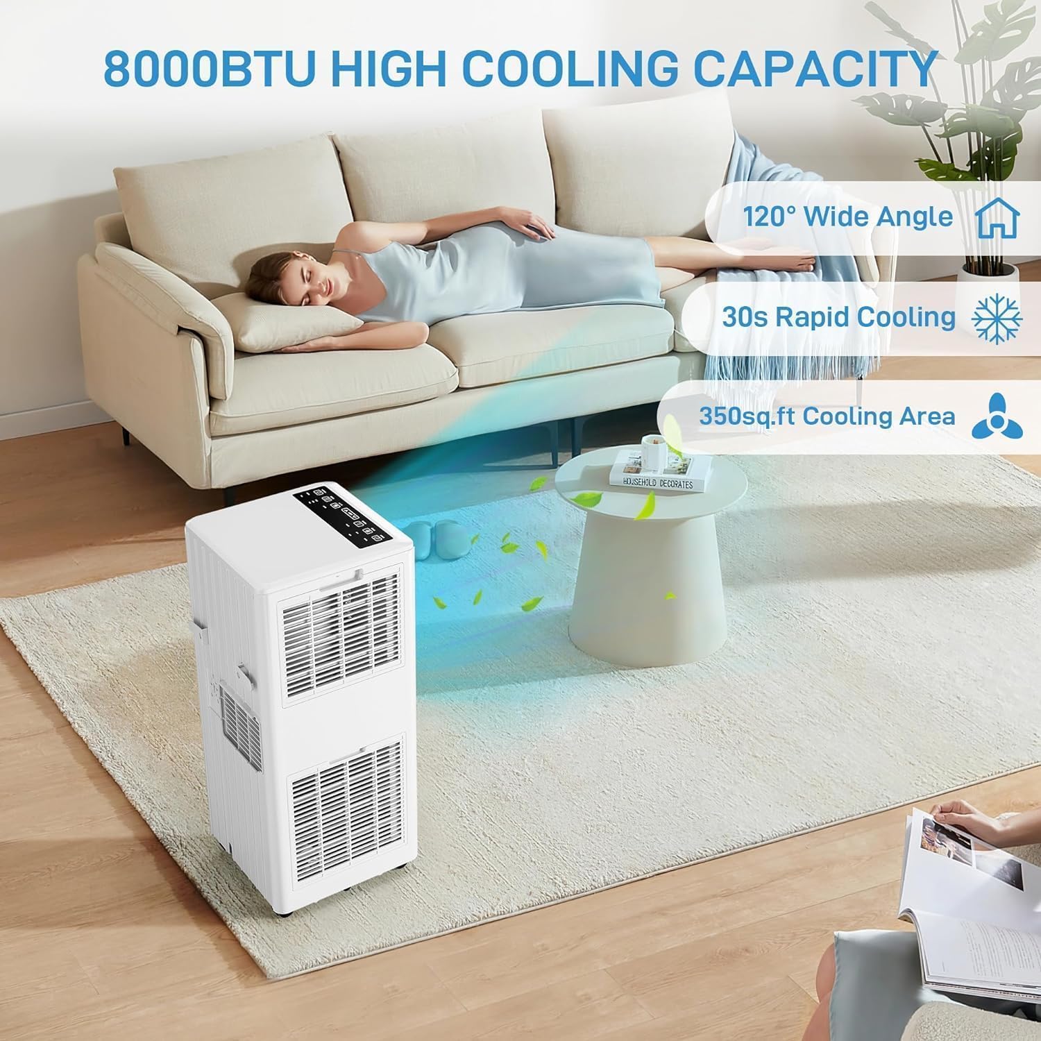 8000 BTU Smart Portable Air Conditioner for Rooms Up to 350 Sq. Ft. Energy Efficient Cooling with Remote Control, Multiple Wind Speeds, 24H Timer, LED Display - Easy Move Wheels for Home, Office