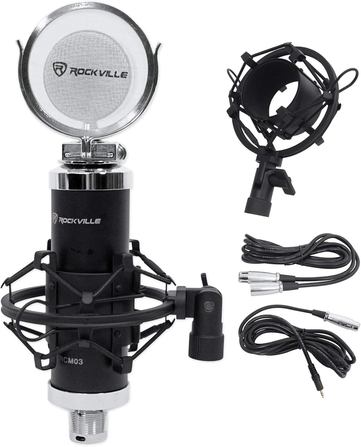 Rockville Bundle: RockMix 2BT Recording Mixer Bundle with (2) RCM03 Mics and (2) PRO-M50 Headphones and RHPA4 Amp & TS1224 Cable and (2) RDTS Stands (9 Items)