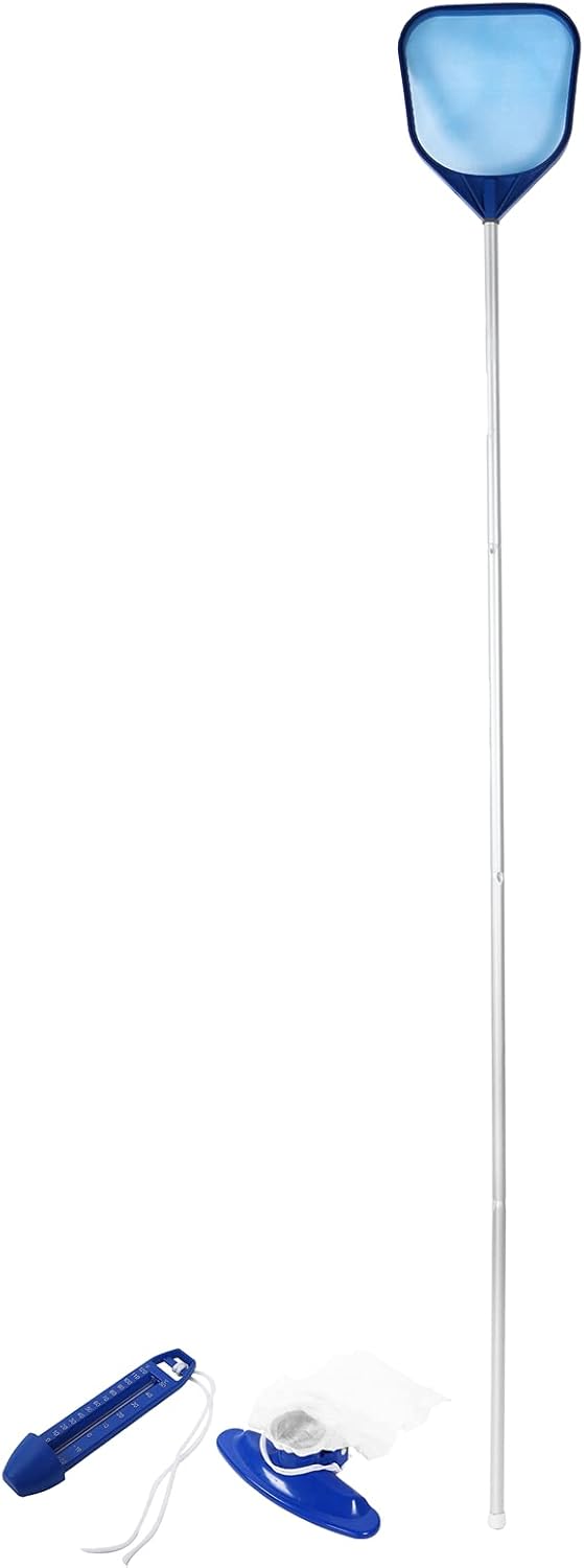 Pool Vacuum Head & Leaf Skimmer Maintenance Set | Underwater Particles Removal for Pools/Spas/Hot Tubs | 4 Aluminum Poles + Thermometer + Fine Mesh Screen