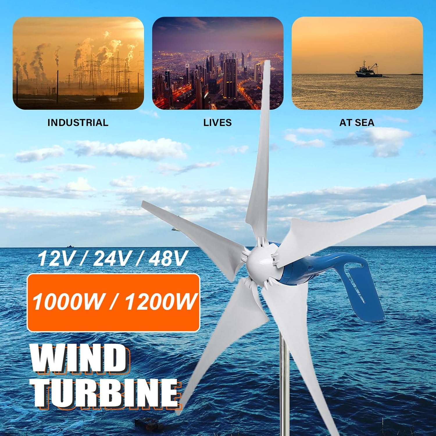 1000W / 1200W Wind Turbine Generator Kit 12V / 24V / 48V Wind Power Generator with 5 Blades and Controller, Pure Copper Coil Windmill Generator for Home, Hybrid Solar Wind System,1200w,48V