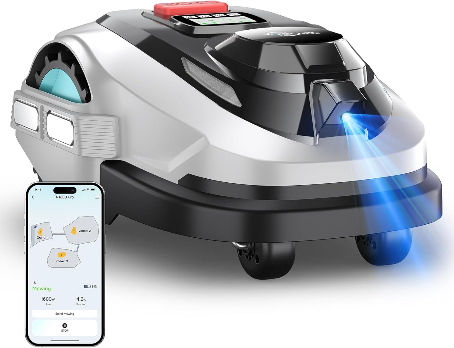 N1600 PRO Robot Lawn Mower, Wireless Design with RTK+Vision Navigation, 0.4 Acre Coverage, APP Smart Control Robot Lawn Mower, Multi-Zone Mowing, Curved Path, Adjustable Cutting Height