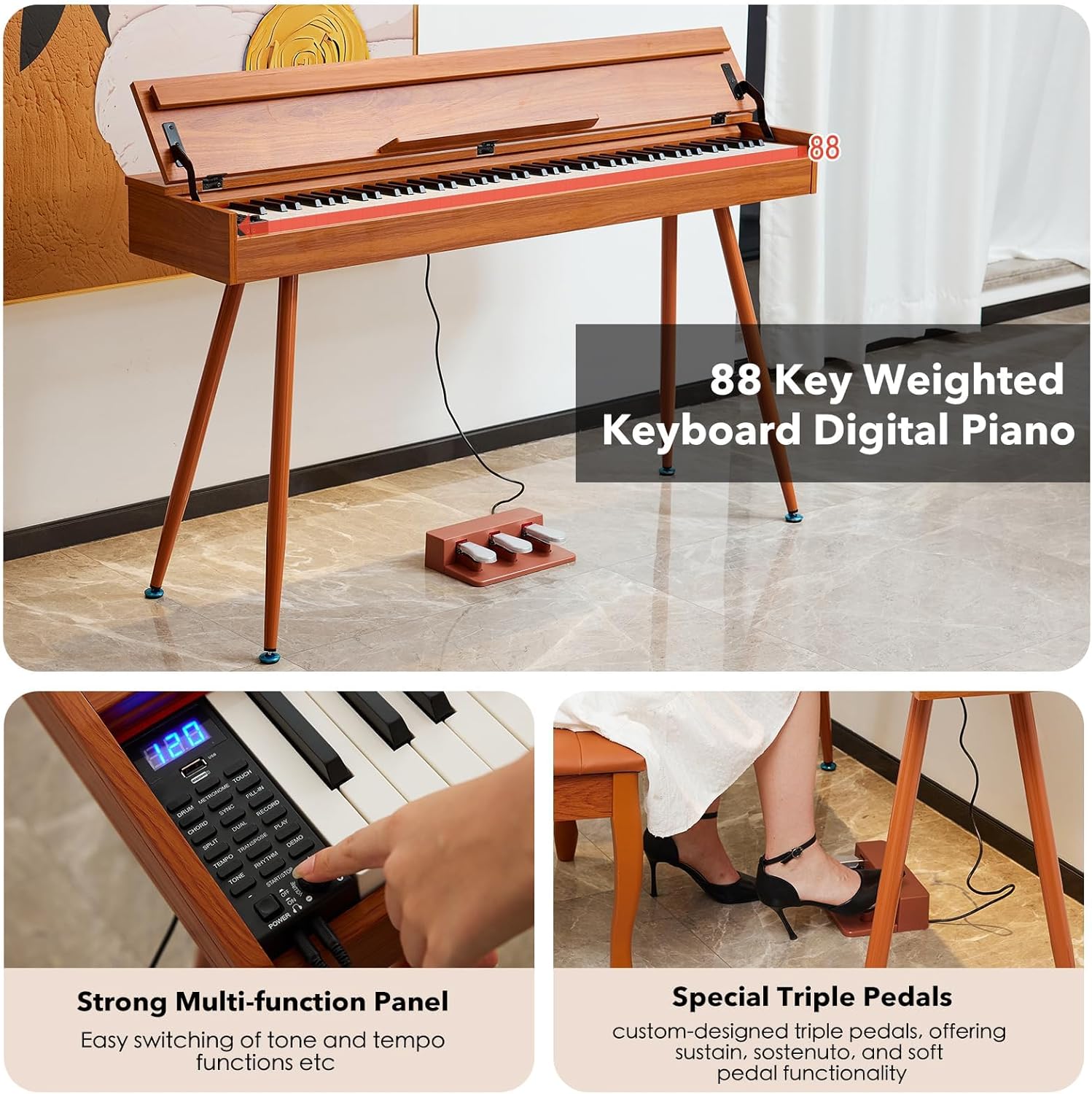Digital Piano 88 Key Weighted Keyboard,Full-Size Desk Progressive Hammer-Action Electric Piano For Beginners, With Sheet Music Stand, Pedal,Power Adapter, Headphone Mode, Usb-Midi