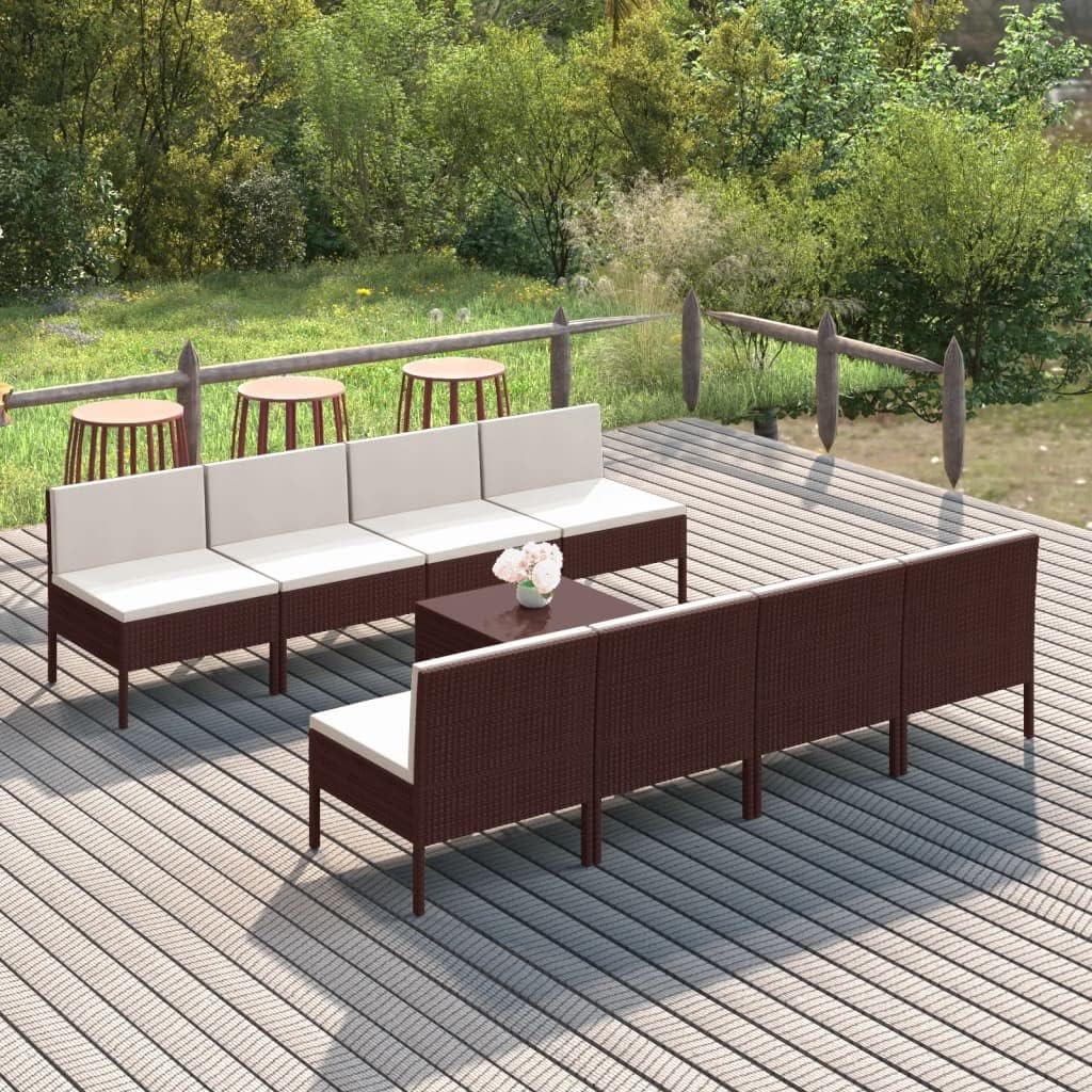 9 Piece Patio Lounge Set with Cushions Poly Rattan Brown,AllWeather Patio Lounge Furniture Set in Brown with Cream White Cushions for Relaxation Patio Furniture Sets, Outdoor Furniture Sets