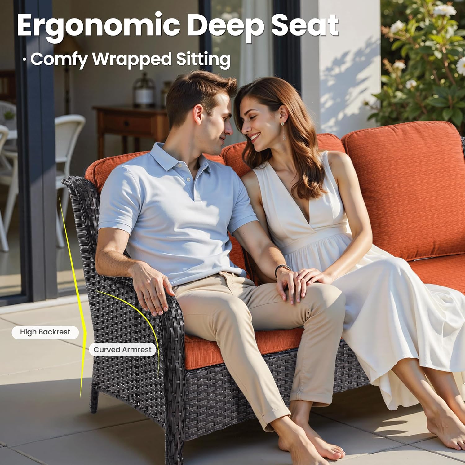 ovios 6-Pieces Patio Furniture Set with 42 Inch Fire Pit Table, Outdoor Wicker Sofa Couch Ottomans Comfy Cushions, High Back Modern Conversation Set, Brown Rattan, Orange Red