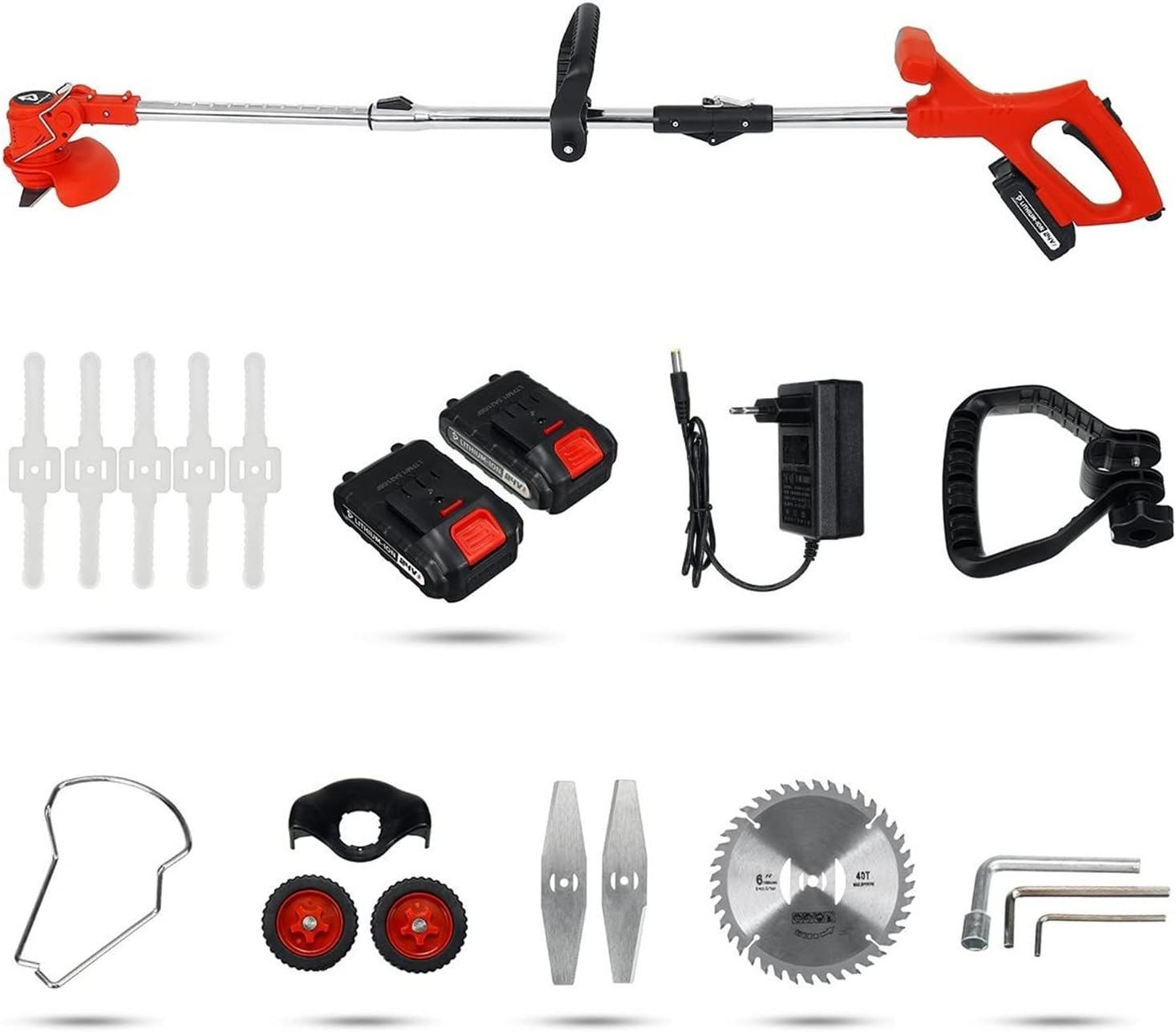 Electric Lawn Mower, Folding Electric Grass Trimmer 21V 1800W Cordless Potable Lawn Mower Garden Pruning Trimming Tools with 2PC Battery and Wheels (Color : Green 2Battery, Size : G) (Red 2batter