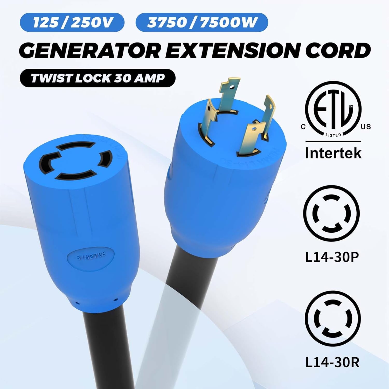 50FT 30 Amp Generator Cord, 4 Prong NEMA L14-30P/L14-30R Generator Extention Cord, Twist Lock Heavy Duty 10 Gauge Outdoor Extension Cable for RV Camper and Generator to House, ETL Listed