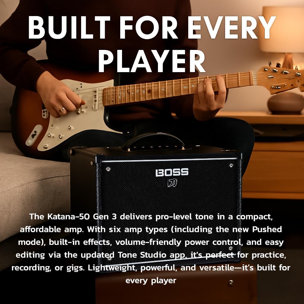 Boss Katana-50 Gen 3 50-Watt 1x12-Inch Guitar Combo Amplifier Bundle with Gearlux Instrument Cable and Picks