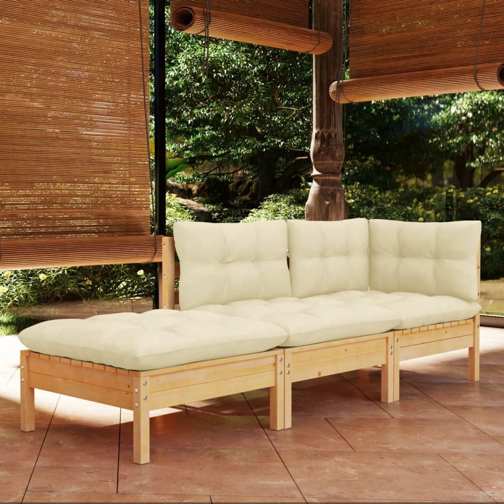 3 Piece Patio Lounge Set with Cream Cushions Solid Pinewood Garden Furniture
