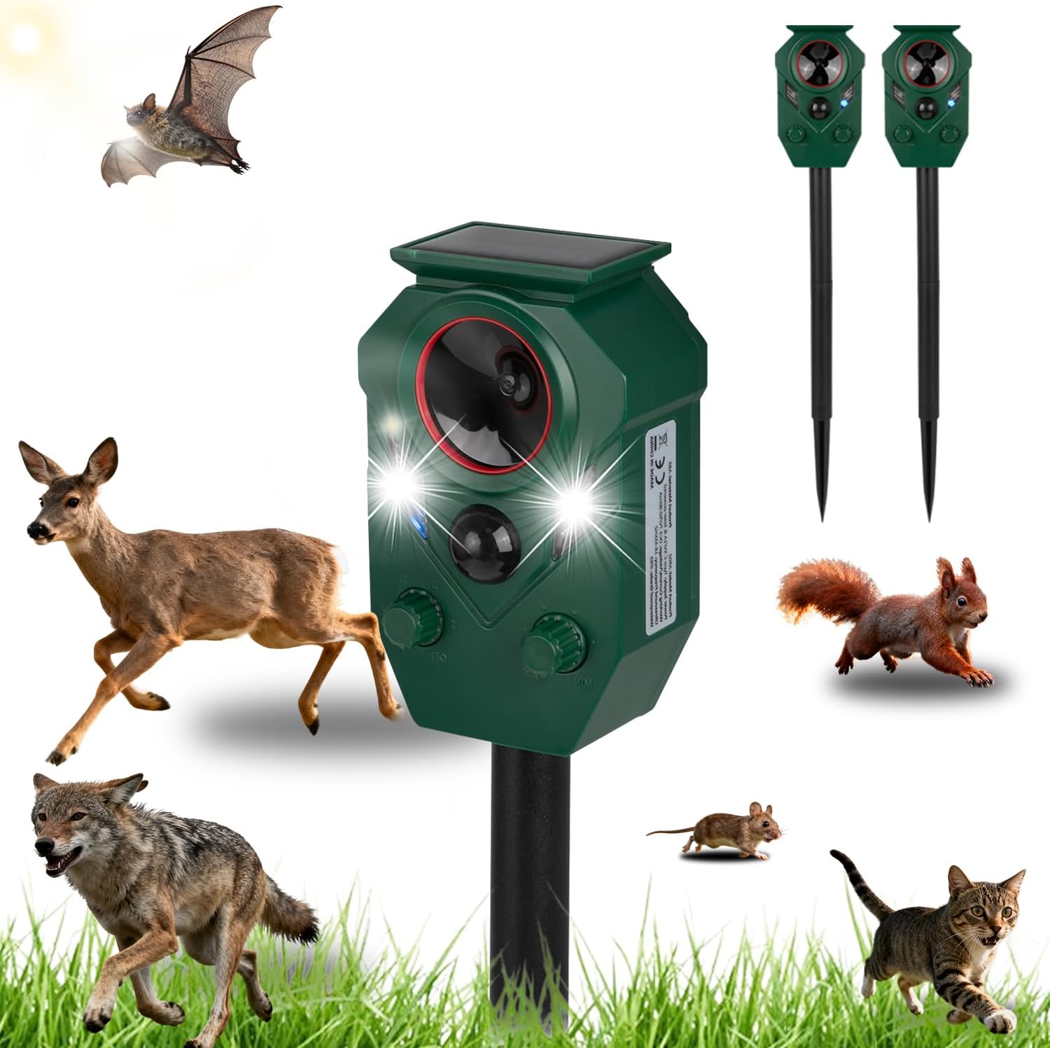 2 Pack Solar Ultrasonic Animal Repeller Outdoor – Motion Sensor Activated Cat & Dog Deterrent, IP65 Waterproof, Strobe Lights & Sound, Deer Repellent for Yard, Lawn, Farm