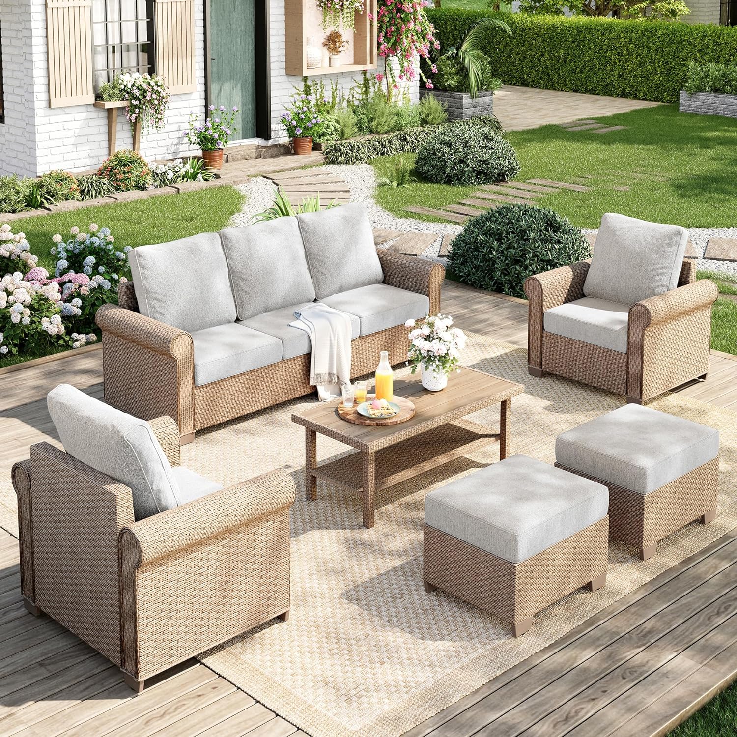 Patio Furniture Set 6 pcs, Wicker Outdoor Patio Furniture, 3-Seat Sofa, 2 Single Chairs, 2 Ottomans and Coffee Table, Rattan Patio Conversation Set for Backyard Deck, Beige