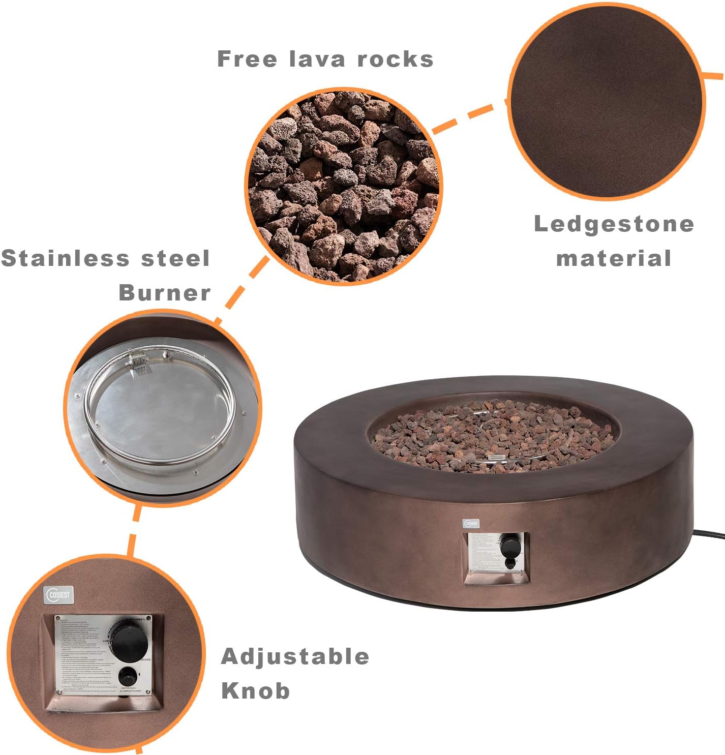 COSIEST Outdoor Propane Fire Pit Coffee Table w Dark Bronze 42 inch Round Base Patio Heater, Certified, 50,000 BTU Stainless Steel Burner, Free Lava Rocks, Waterproof Cover