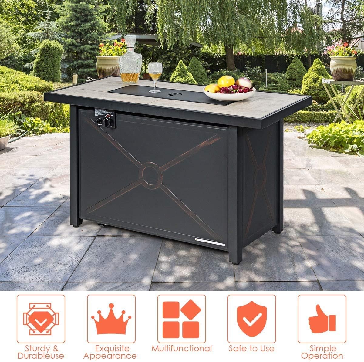 Moccha 60000 BTU Fire Pit Table, Ceramic Tabletop, Rectangular Gas Fire Pit with Door and Table Cover for Outdoor Courtyard Balcony Garden, Emboss Patio Propane Heater