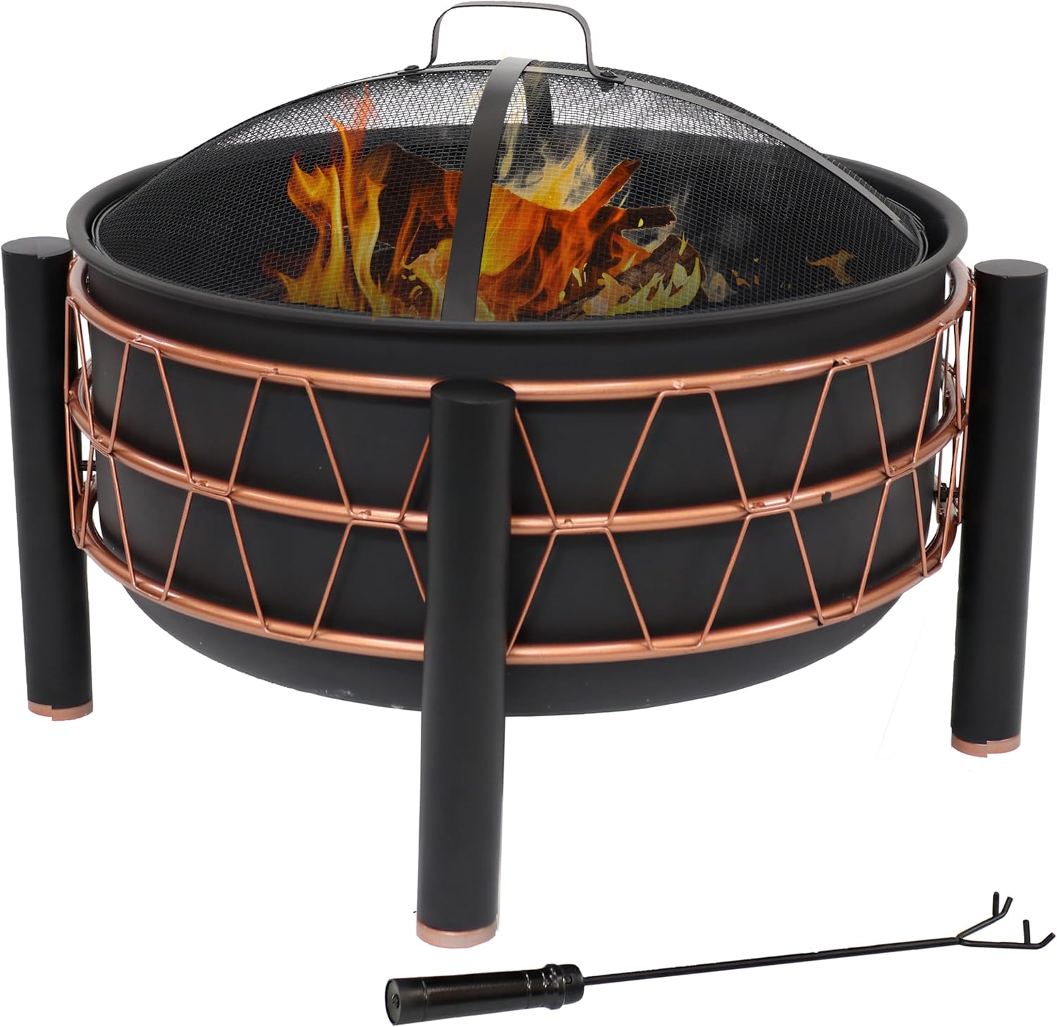 Sunnydaze 24.5-Inch Black Steel Wood-Burning Fire Pit with Copper-Colored Trapezoid Pattern - Includes Protective PVC Cover