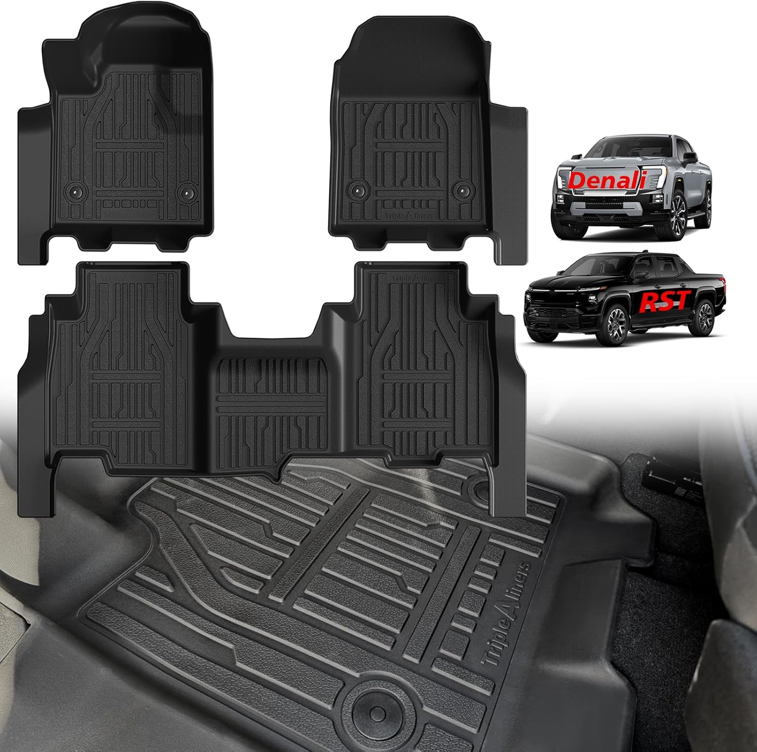 TripleAliners Floor Mats All Weather Liners for 2024 2025 Chevy Silverado EV RST/GMC Sierra EV Denali (Not for WT/LT) Accessories 1st & 2nd Row Full Set TPE Heavy Duty Custom Fit Floor Liners