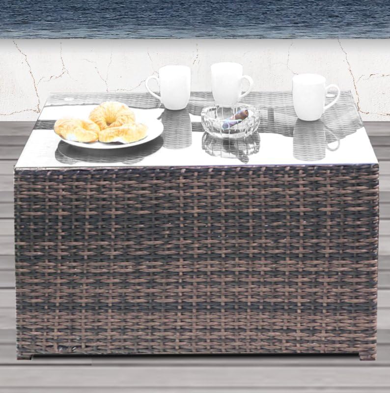 Charming Rectangular Fire Pit Table for Relaxation, Elegant Glass Top and Wicker Base, Outdoor Gatherings, Brown