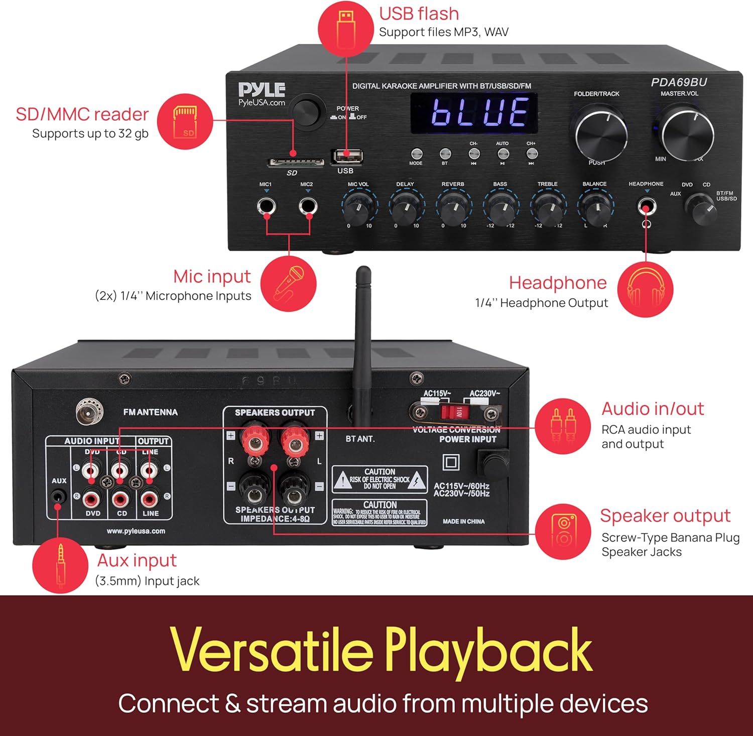 Pyle Stereo Amplifier Audio Receiver with Bluetooth Streaming, 200 Watt Peak, 2.0 Channel HiFi Sound System with MP3/USB/SD/FM Radio, RCA/Aux Inputs, Mic and Headphone Jacks, Rotary Vol Bass Treble