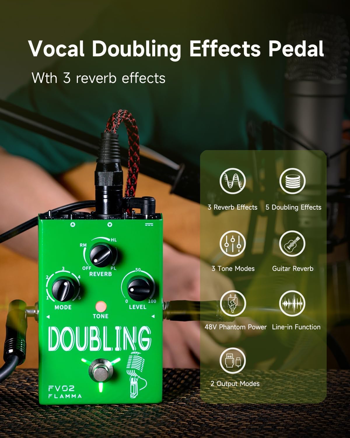 FLAMMA FV02 Vocal Processor Doubling Effects Pedal Voice Duplicate Vocal Effects Stompbox Mic Amplifier with Reverb Chorus Effects Support Multiple Vocal Modes for Vocalists Guitarists