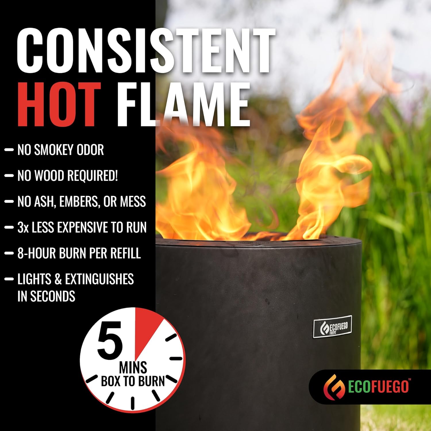 El Campo Portable Wax-Burning Fire Pit – Clean-Burning, No-Wood Fuel with 8-Hour Wax Refill – Compact and Durable for Camping, Travel, and Outdoor Use – Matte Black Finish