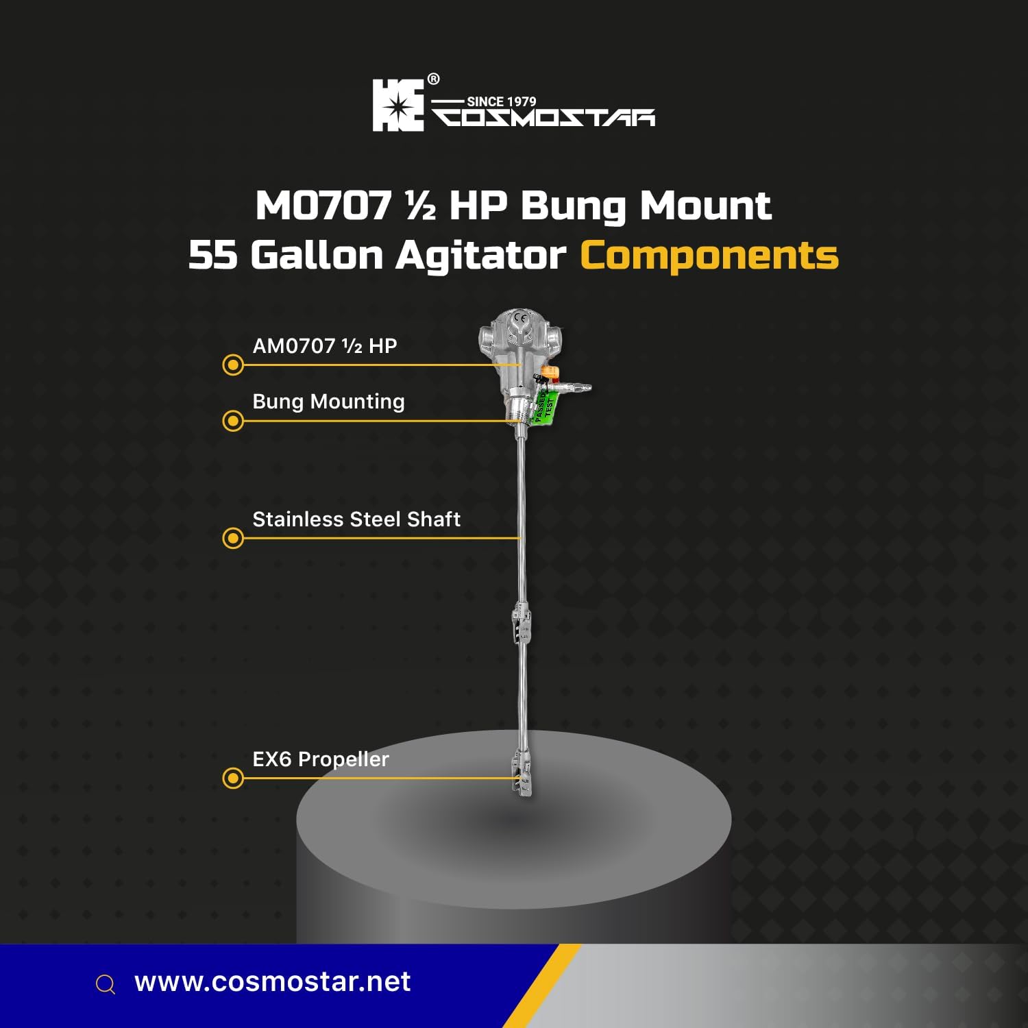 COSMOSTAR M0707 1/2 HP Bung Mount 55G Pneumatic Agitator | Barrel Drum Mixer | Pneumatic Bracket Mixer, Paint Stirring Machine Bracket Air Agitator Paint Mix Tool