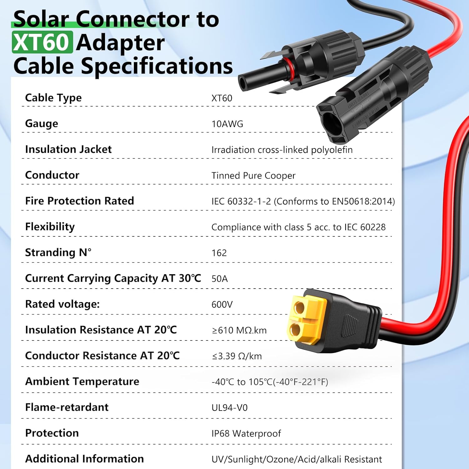 10AWG XT60 Solar Cable- Solar to XT60 Cable 3 10 15 20 25 40 50FT Charging Adapter for RV Portable Power Station- 50Ft