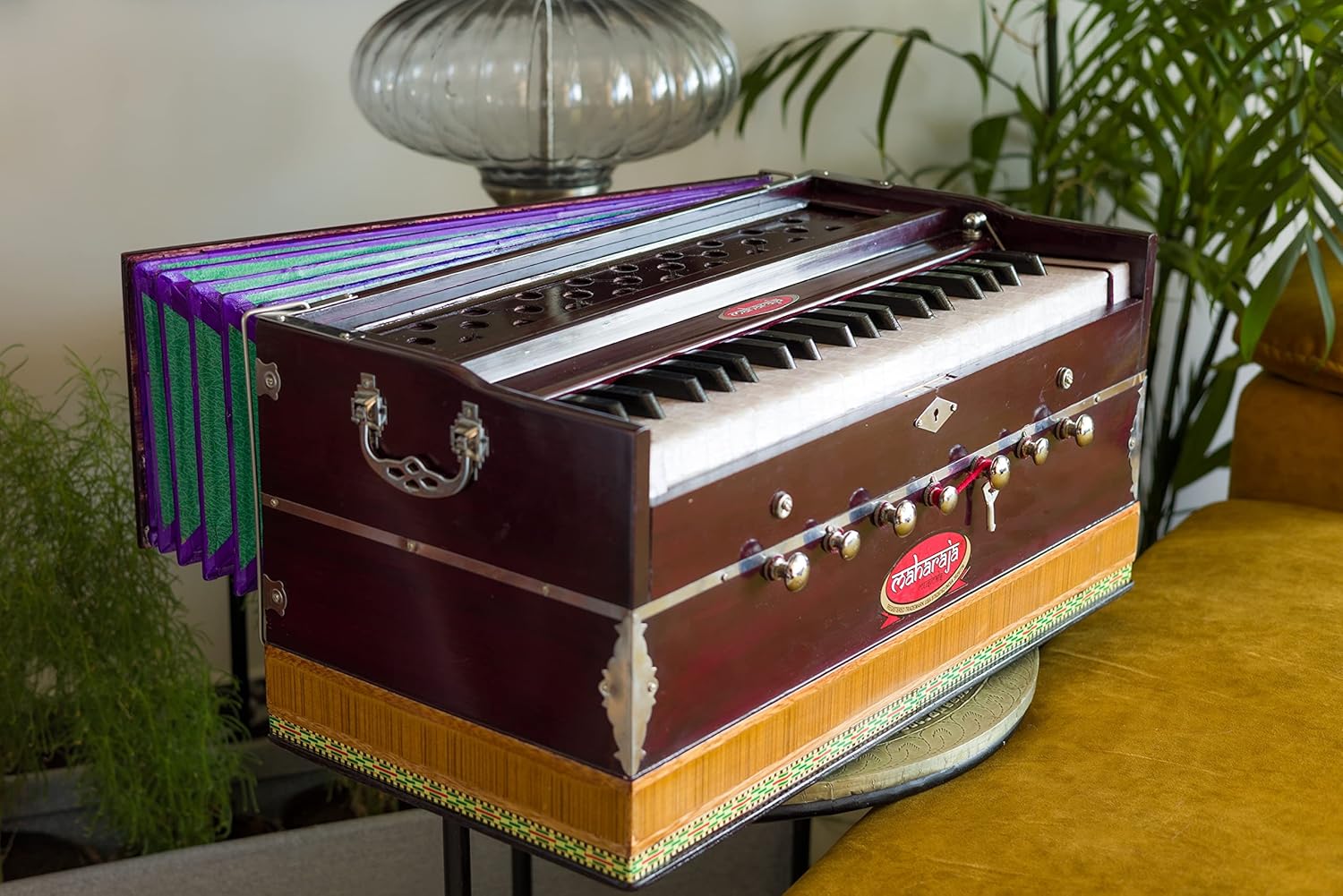 Harmonium #1, Maharaja Musicals, Handmade Harmonium, 3 1/4 Octave (Saptak), 7 Stop, Standing, Coupler, Multi Bellow, Padded Bag, Tuned A440, Dark Mahogany Color, PDI-DB