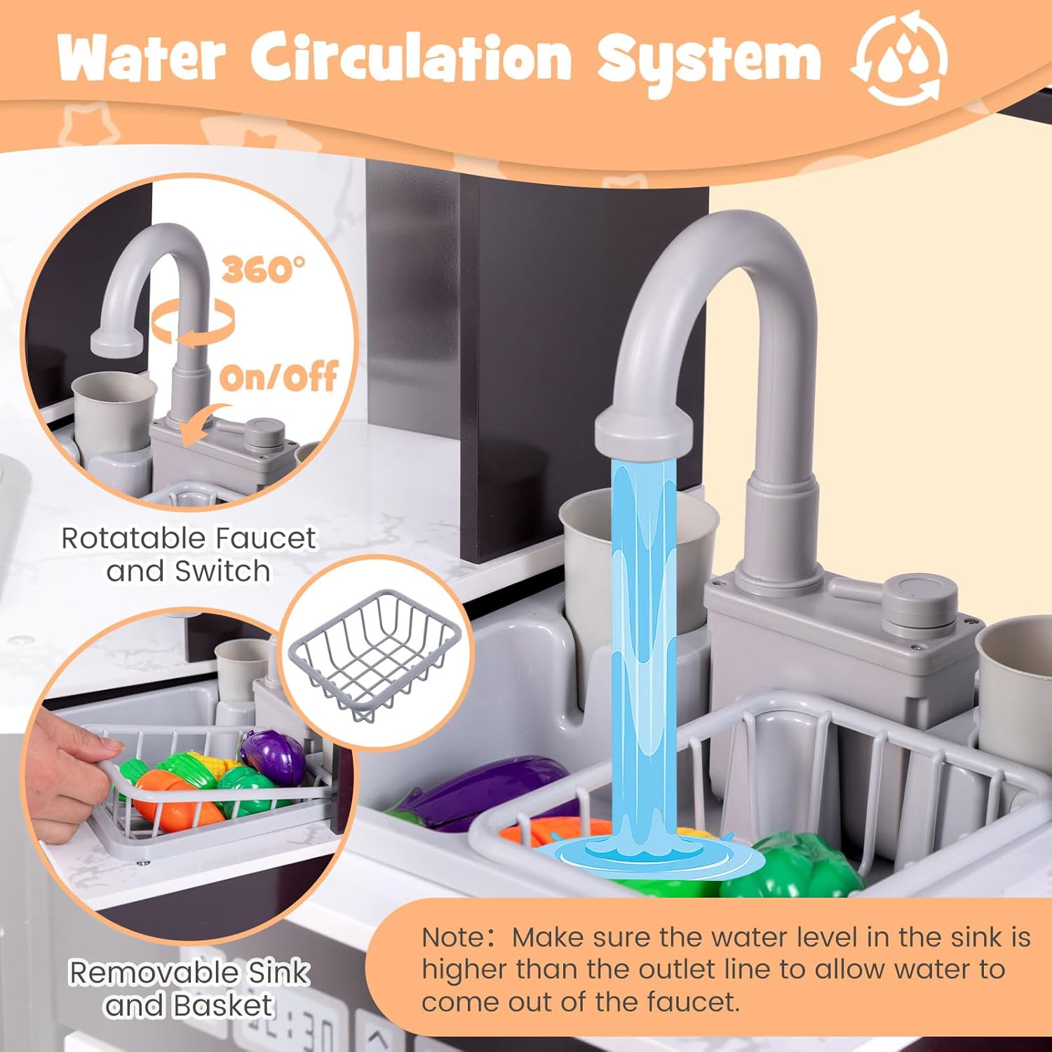 Costzon Corner Play Kitchen, Wooden Toddler Kitchen Playset w/Lights and Sounds, Water Circulation System, Washing Machine,Accessories, Kids Kitchen Playset for Boys,Girls (Brown)