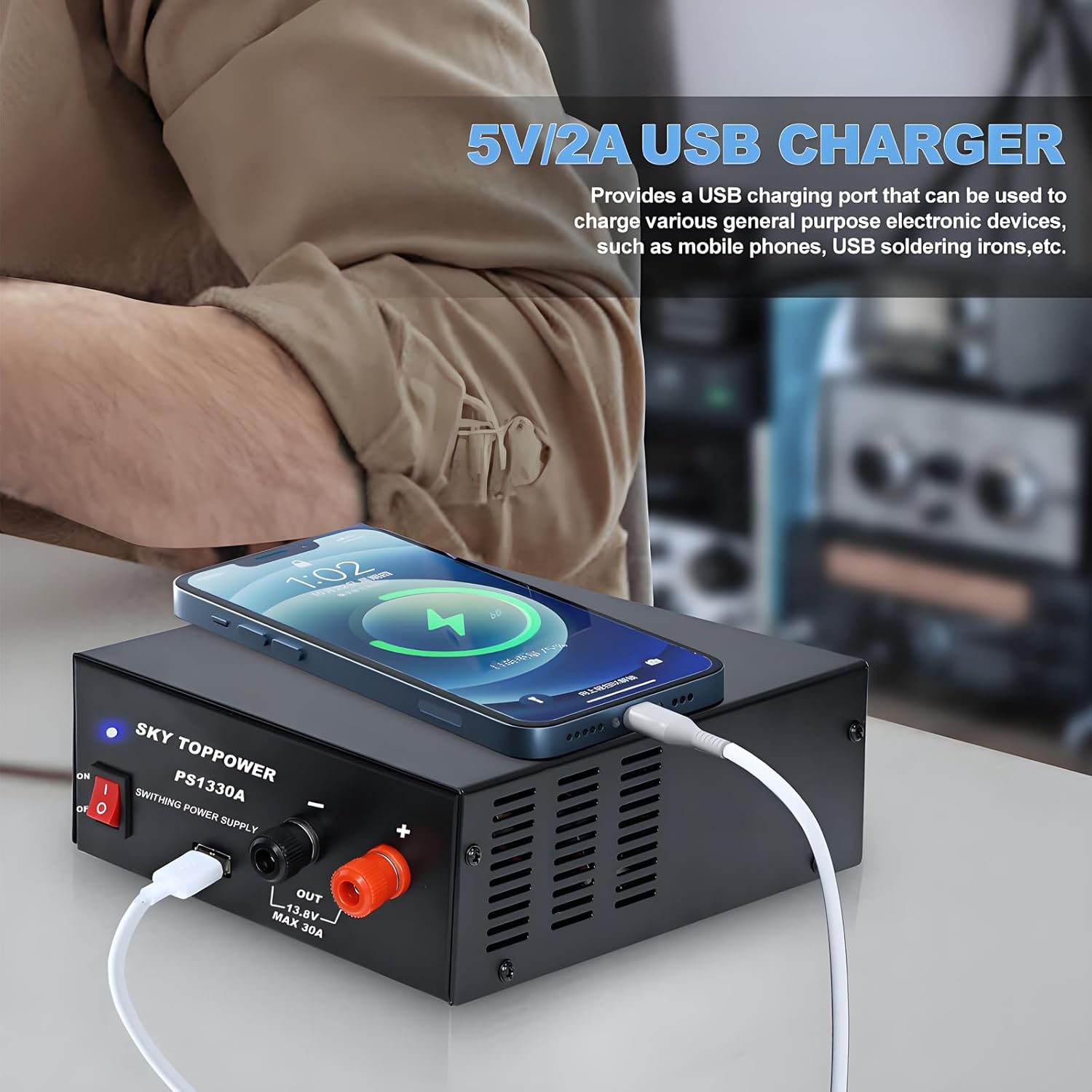 13.8V 30A DC Power Supply for Ham Radio,30 Amp Compact Regulated Bench Power Supply Lab Benchtop AC to DC Converter,Cooling Fan,5V 2A USB Interface,Powering Ham Radio, Amplifiers,SKY TOPPOWER PS1330A