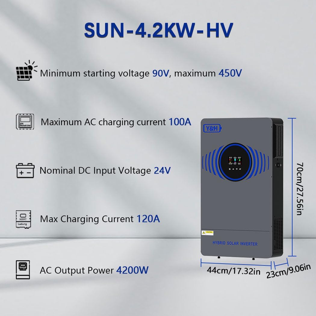 Y&H 4200W Solar Inverter 24V DC to 220V AC Pure Sine Wave, w/ 120A MPPT Controller, Dual Output, Battery-Free Start Supported, Built-in Air Switch & Lightning Protection,for Home Backup,Off-Grid Use