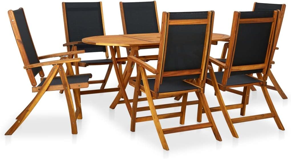 Furniture Sets 7 Piece Patio Dining Set Solid Acacia Wood,Elegant Dark Oil Acacia Wood Patio Dining Table with Folding Textilene Chairs for Outdoor Garden and Terrace Garden Conversation Sets