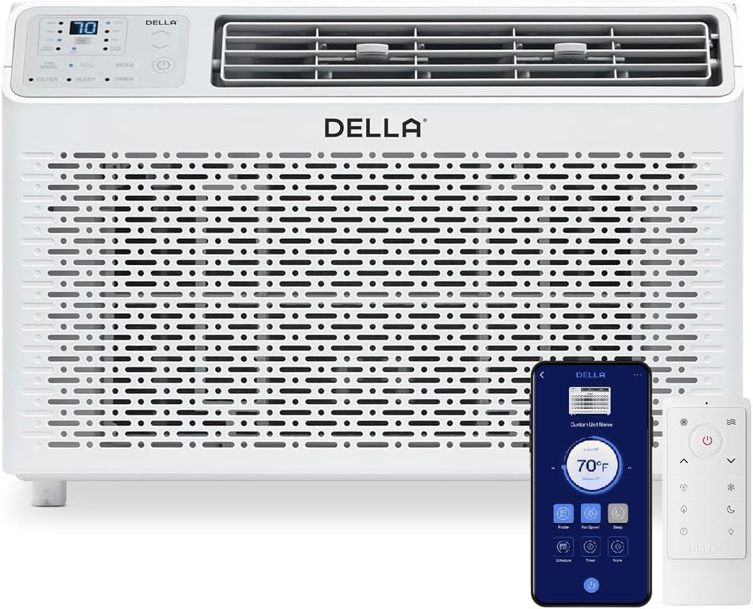 DELLA 8000 BTU Energy Saving Window Air Conditioner, Work with Alexa, Cools Up to 350 Sq. Ft, GEO Location, AC Unit with WIFI Smart Controls, Remote, Dehumidifier, Fan, Reusable Filter, Easy Install