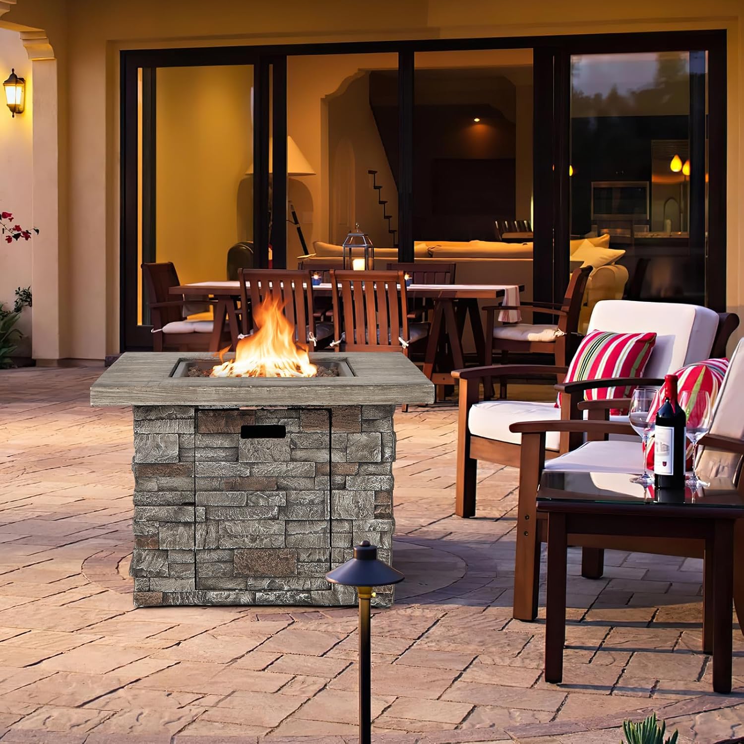 Tangkula 34.5 Inch Faux Stone Propane Fire Pit Table, Patiojoy Square Gas Fire Pit with Metal Lid, Lava Rocks, Stainless Steel Burner & PVC Cover, 50,000BTU Outdoor Fire Table